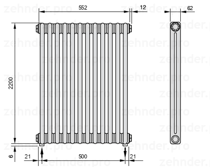 Схема (чертеж) Радиатор Zehnder Charleston 2220/12 №5310 Белый глянцевый RAL 9016